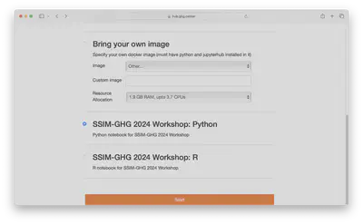 Login screen of the GHG hub showing the custom built SSIM-GHG image option.