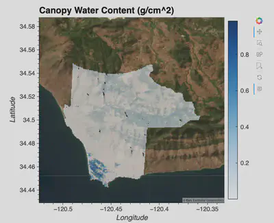 Plot of the Canopy Water Content over the Jack and Laura Dangermond Preserve, Santa Barbara, CA.